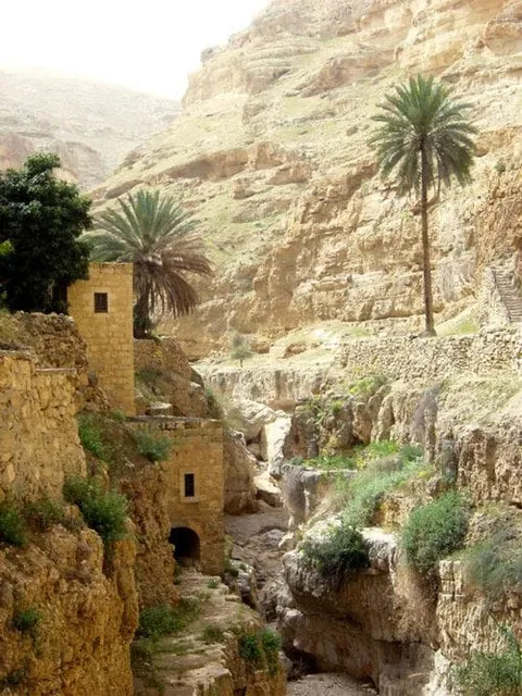 Palm trees and old buildings among dry rocky cliffs