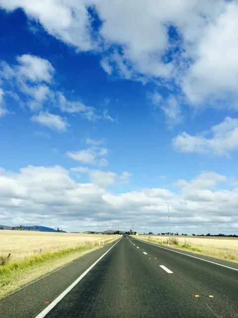 A straight country road through dry fields under a blue sky with clouds