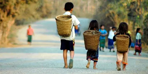 Children walking along a road with large woven baskets on their backs