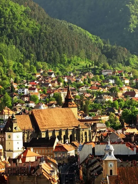 Red-roofed buildings and a church below a forested hillside