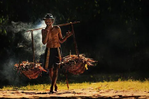 A child carrying two baskets from a pole balanced across their shoulders