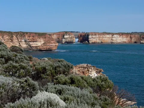 Layered sandstone cliffs above a blue bay with coastal shrubs in front