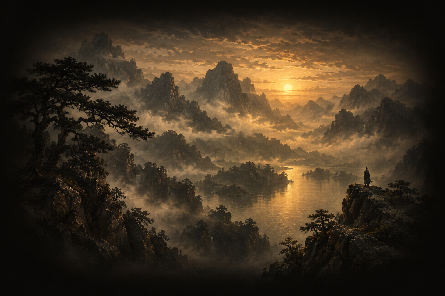 A lone figure on a cliff looks out over a misty mountain lake at dusk